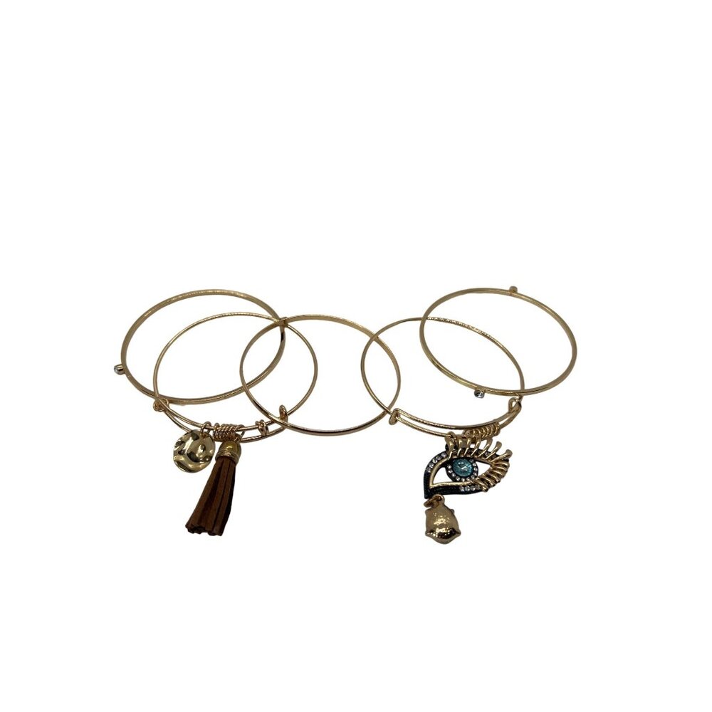 Set Of 5 Gold Tone Bangles Charms Evil Eye Tassel Rhinestones Size 8 NWOT